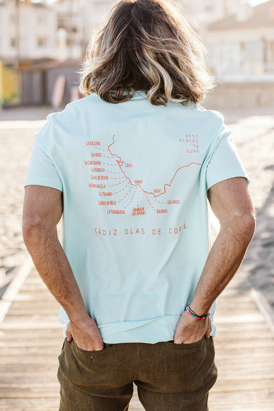 Camiseta Sostenible Surf Mapa Cádiz Azul
